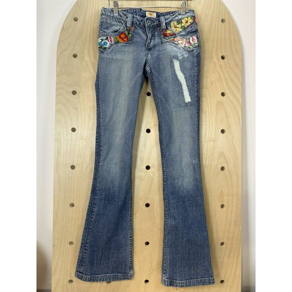 ANTIK Denim Embroidered Bright Floral Distressed Bootcut Size 28 X 32 USA - Picture 2 of 16